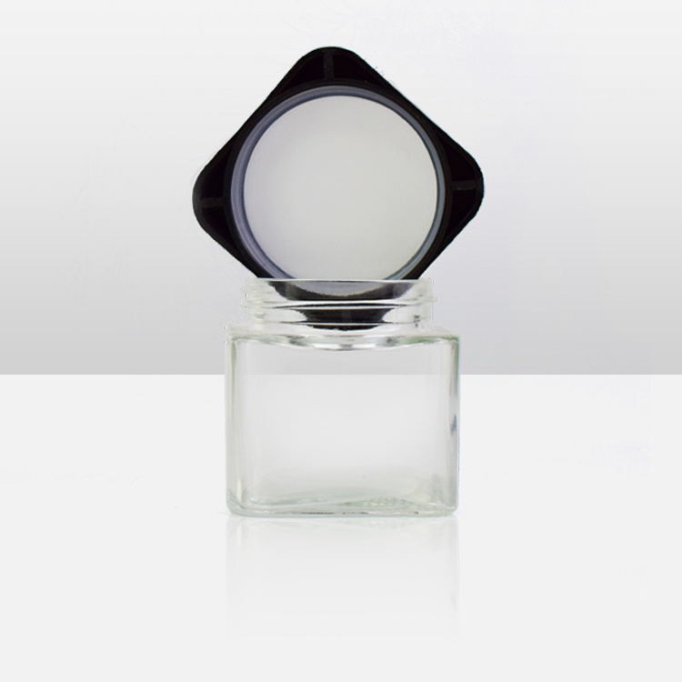 Child proof storage container clear glass square flower jar 3.5 gram 2oz 3 oz glass jars with safety caps matte black square lid