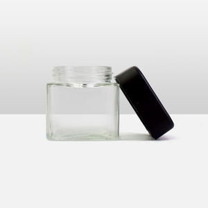 Child proof storage container clear glass square flower jar 3.5 gram 2oz 3 oz glass jars with safety caps matte black square lid