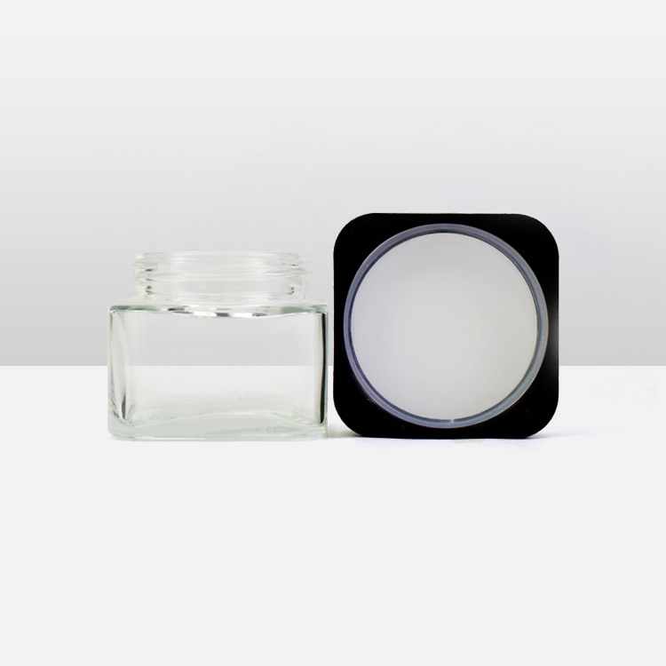 Child proof storage container clear glass square flower jar 3.5 gram 2oz 3 oz glass jars with safety caps matte black square lid