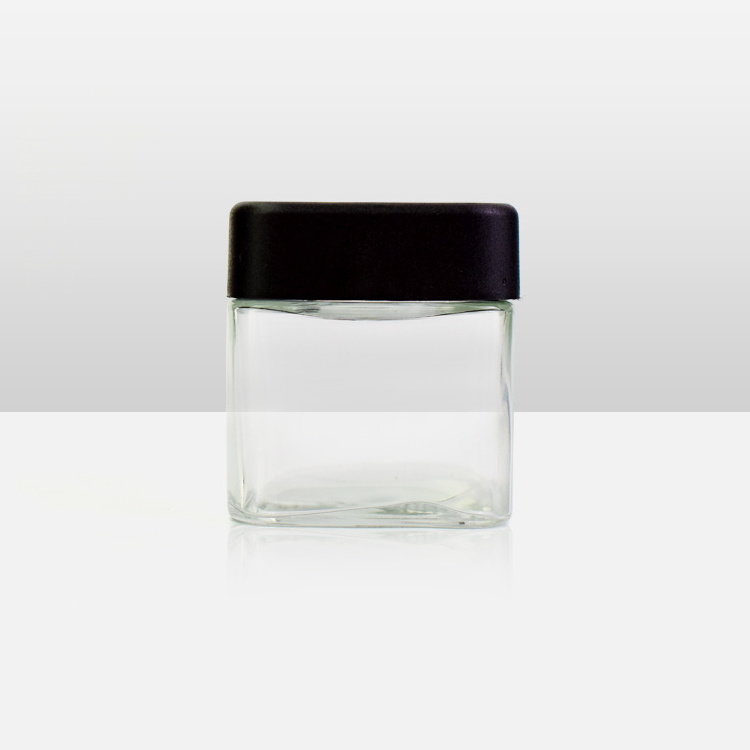 Child proof storage container clear glass square flower jar 3.5 gram 2oz 3 oz glass jars with safety caps matte black square lid