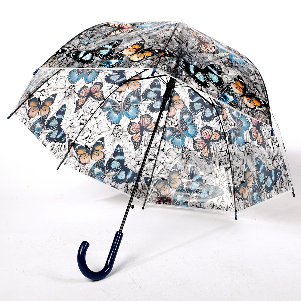 Butterfly Print Dome Bubble Plastic Handle Transparent Straight Umbrella with Logo