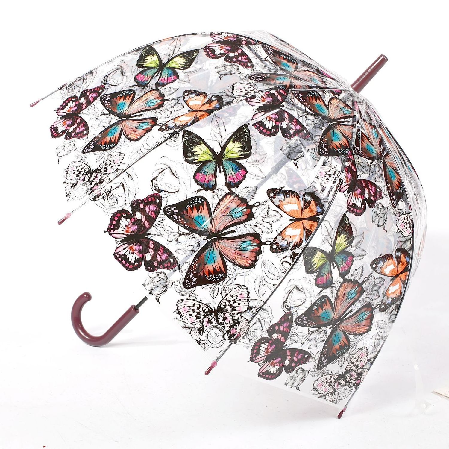 Butterfly Print Dome Bubble Plastic Handle Transparent Straight Umbrella with Logo