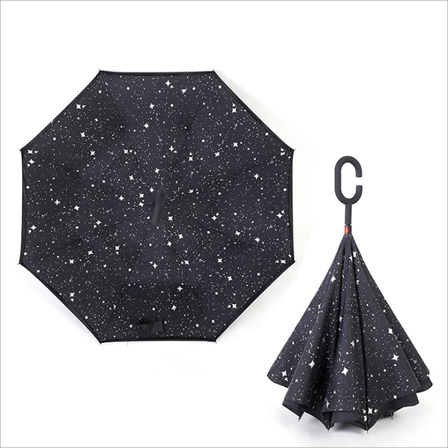 New Products Double Layer Inside Out C Shape Hook Handle Upside Down  inverted Reverse Umbrella with logo prints