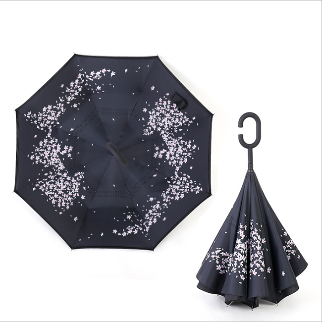 New Products Double Layer Inside Out C Shape Hook Handle Upside Down  inverted Reverse Umbrella with logo prints