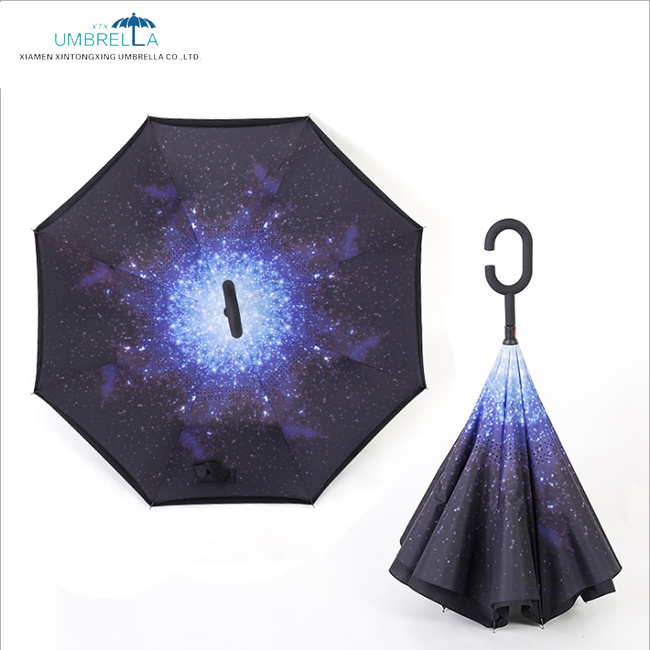 New Products Double Layer Inside Out C Shape Hook Handle Upside Down  inverted Reverse Umbrella with logo prints