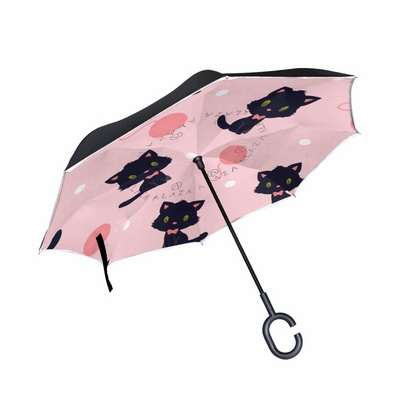 Double Layer Reverse Umbrella Cute Cat Inverted Windproof C-Hook Hands Rain Car Large Umbrellas For Women/Kids