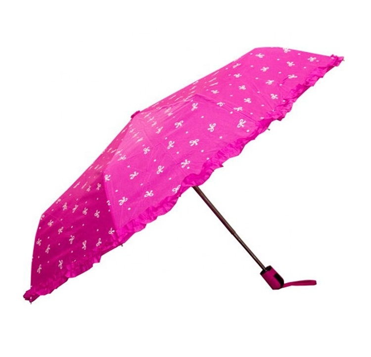 Umbrella Factory Chinese Ruffled Three Fold Automatic Compact Umbrella For Women