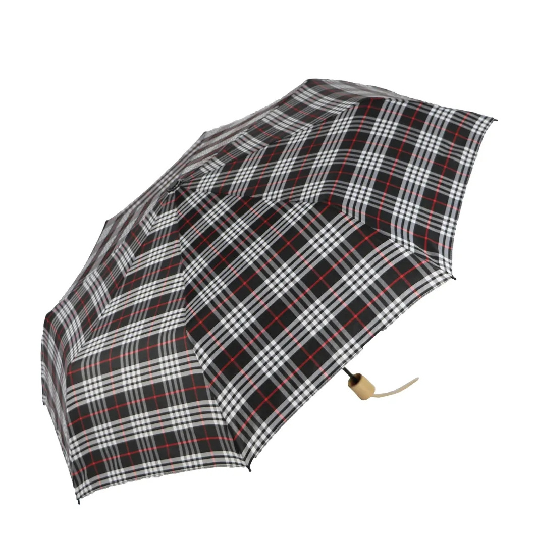 Wooden Compact Umbrella Good Quality 3 Folding 8 Ribs Manual Open Rainy and Sunny Grid Printed Gift Umbrella