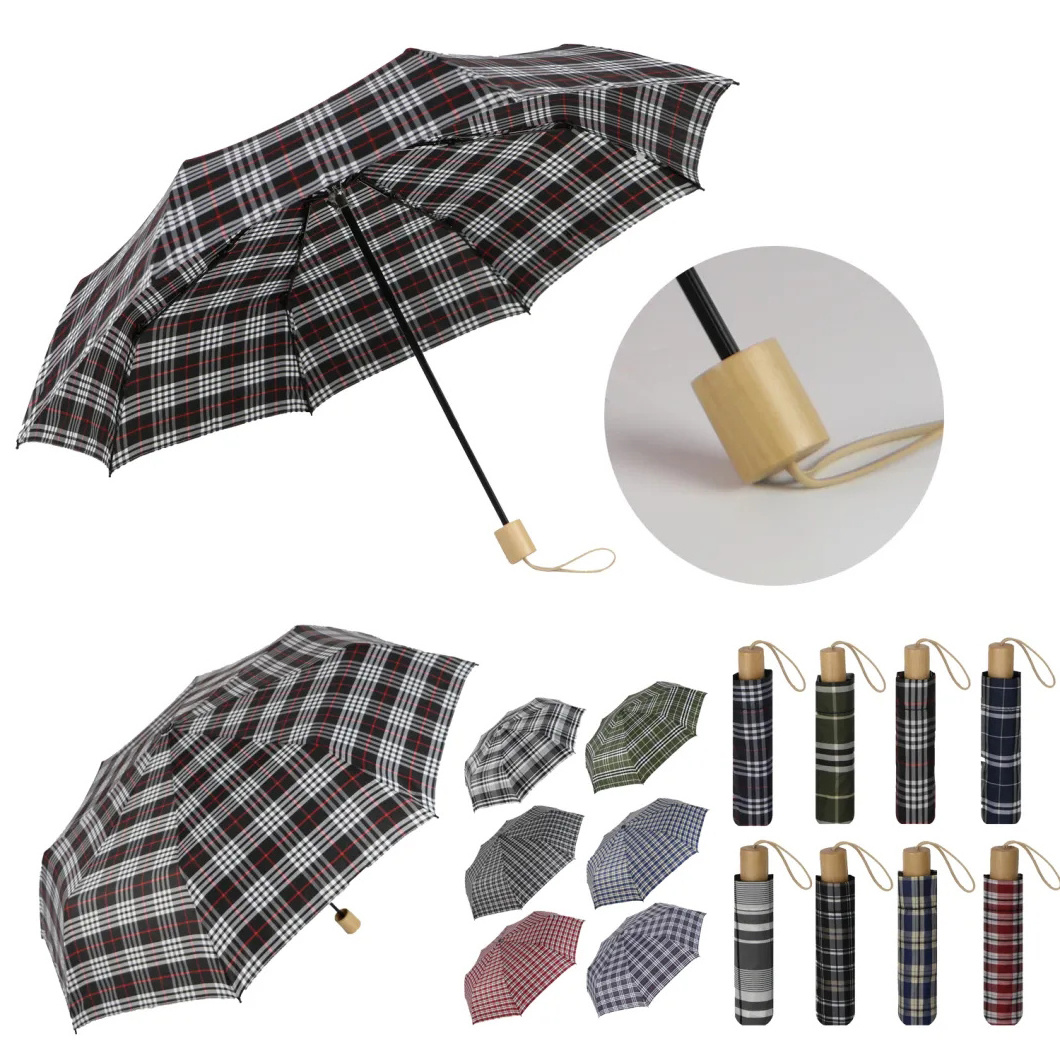 Wooden Compact Umbrella Good Quality 3 Folding 8 Ribs Manual Open Rainy and Sunny Grid Printed Gift Umbrella