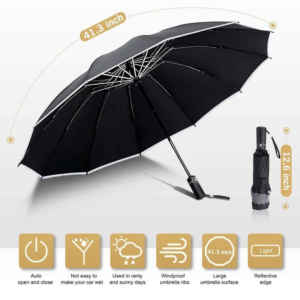 Cheap Price 12k Windproof Safety Reflective Umbrella 3 Folding Automatic Smart Reverse Umbrella Promotional