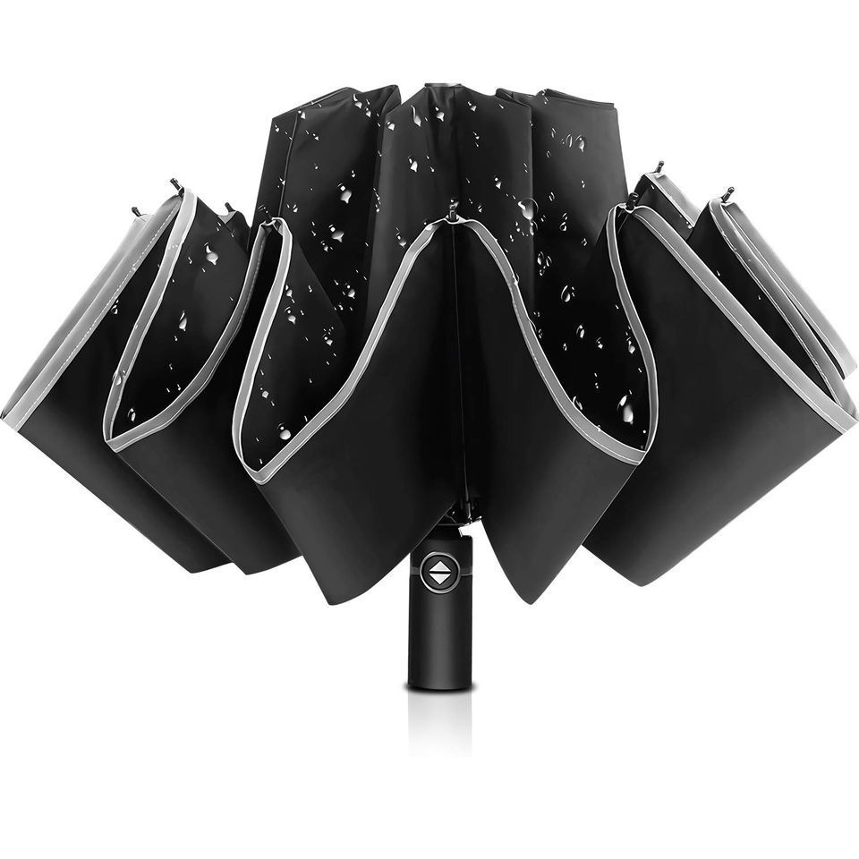 Cheap Price 12k Windproof Safety Reflective Umbrella 3 Folding Automatic Smart Reverse Umbrella Promotional