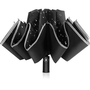 Cheap Price 12k Windproof Safety Reflective Umbrella 3 Folding Automatic Smart Reverse Umbrella Promotional