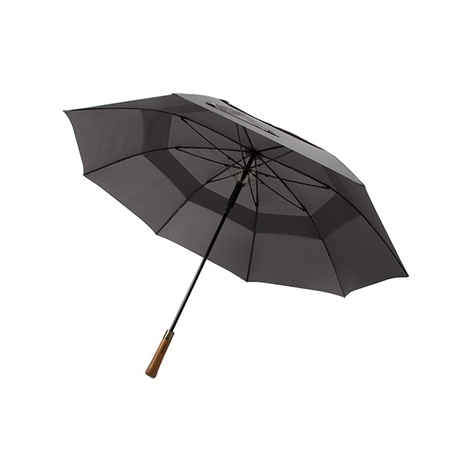 High Quality Double Fiberglass Windproof Frame J Shape Wooden Handle Straight Umbrella With Logo Prints