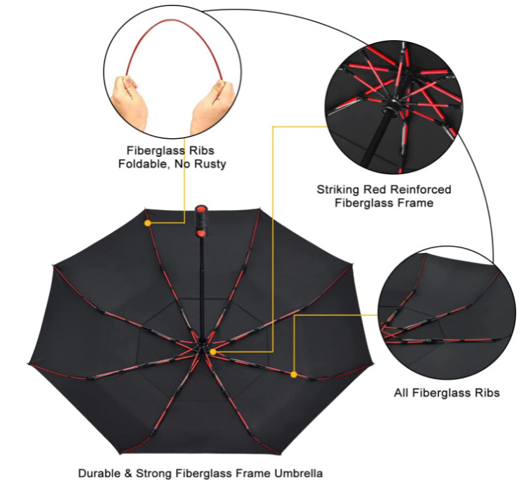 Strong Striking Red Reinforced Fiberglass Frame Double layer Fabric Durable Windproof  Portable Compact Umbrella for Backpack