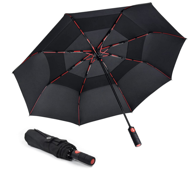 Strong Striking Red Reinforced Fiberglass Frame Double layer Fabric Durable Windproof  Portable Compact Umbrella for Backpack