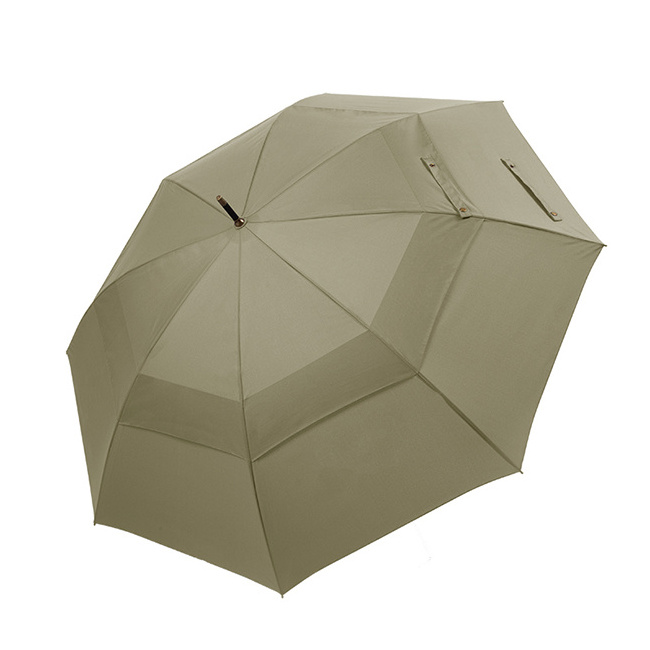 High Quality Double Fiberglass Windproof Frame J Shape Wooden Handle Straight Umbrella With Logo Prints