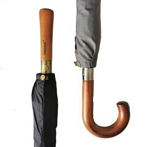 High Quality Double Fiberglass Windproof Frame J Shape Wooden Handle Straight Umbrella With Logo Prints