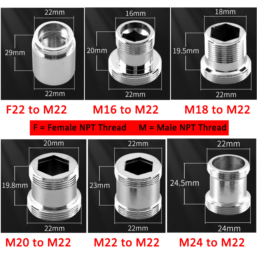 16/18/19/20/22/24mm to 22mm Length Extension Adapter Brass Thread Water Purifier Faucet Aerator Adapter