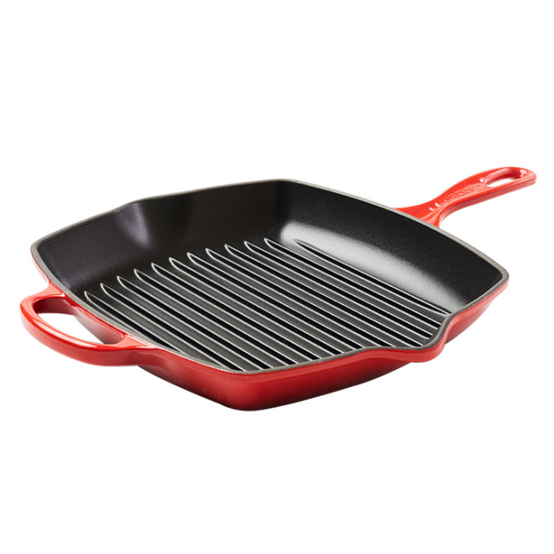 China Factory Hot Sale Red Enamel Cast Iron Grill Steak Fry Pan