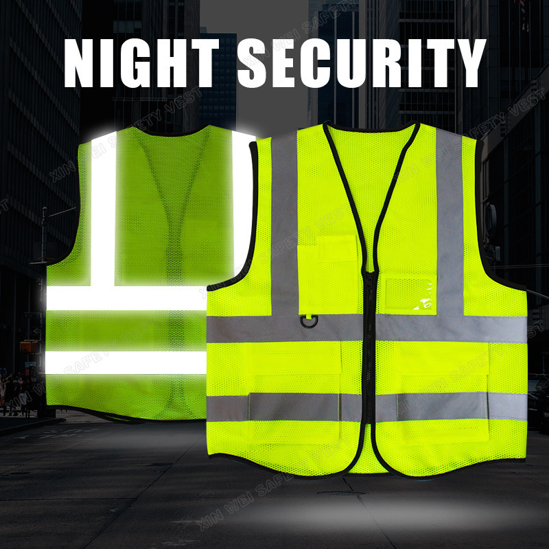 Customized Logo S-5XL Mesh Breathable Multi-Pocket Hi Vis Zippered Safety Vest Outdoor Construction wrok Safety Clothing