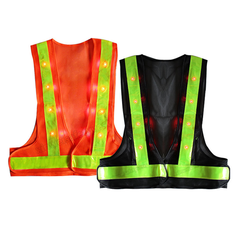 2023 V Type Led Mesh Reflective Warning safety Vest  Hi Vi LED Flashing Black Outdoor Road Safety Vest with Custom Logo