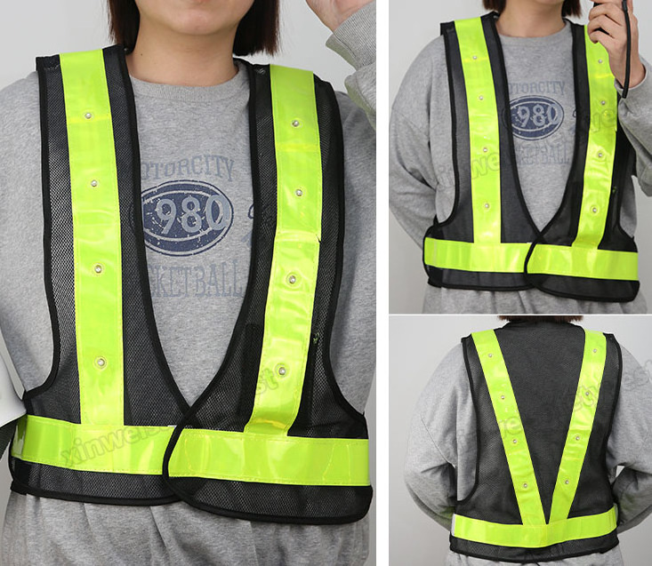 2023 V Type Led Mesh Reflective Warning safety Vest  Hi Vi LED Flashing Black Outdoor Road Safety Vest with Custom Logo