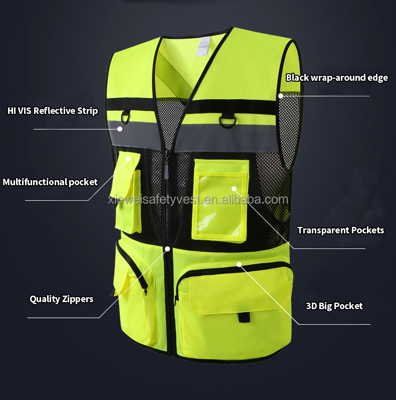 Customized Logo OEM Higher quality high visibility engineer safety vest mesh breathable multi pocket reflective safety jacket