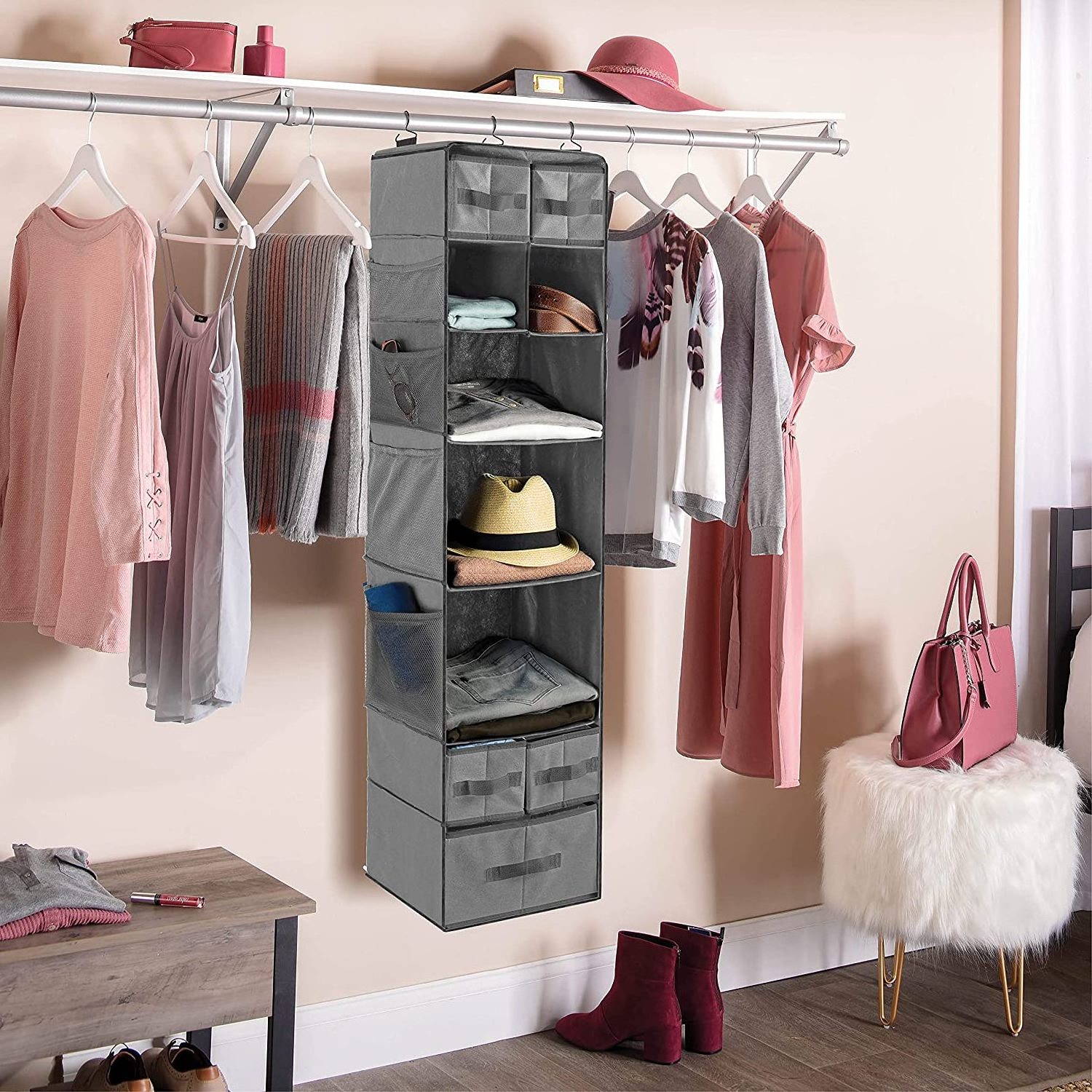 9 Shelf Hanging Closet Organizer with 5 Drawer Organizers Dorm Room Closet with Foldable Cube Hanging Closet With Storage Bins