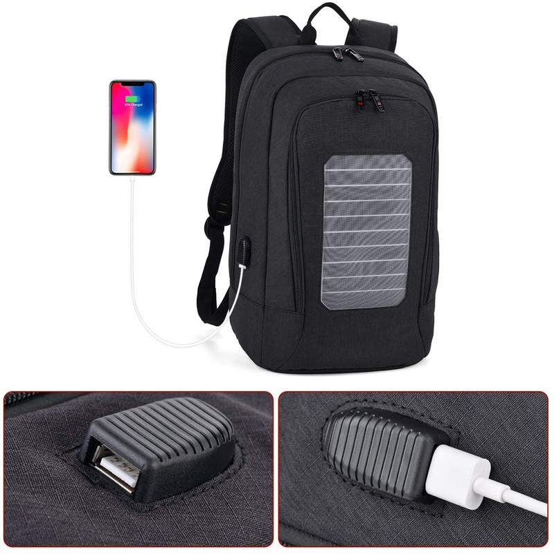 Factory wholesale USB charging port waterproof travel laptop solar power backpack