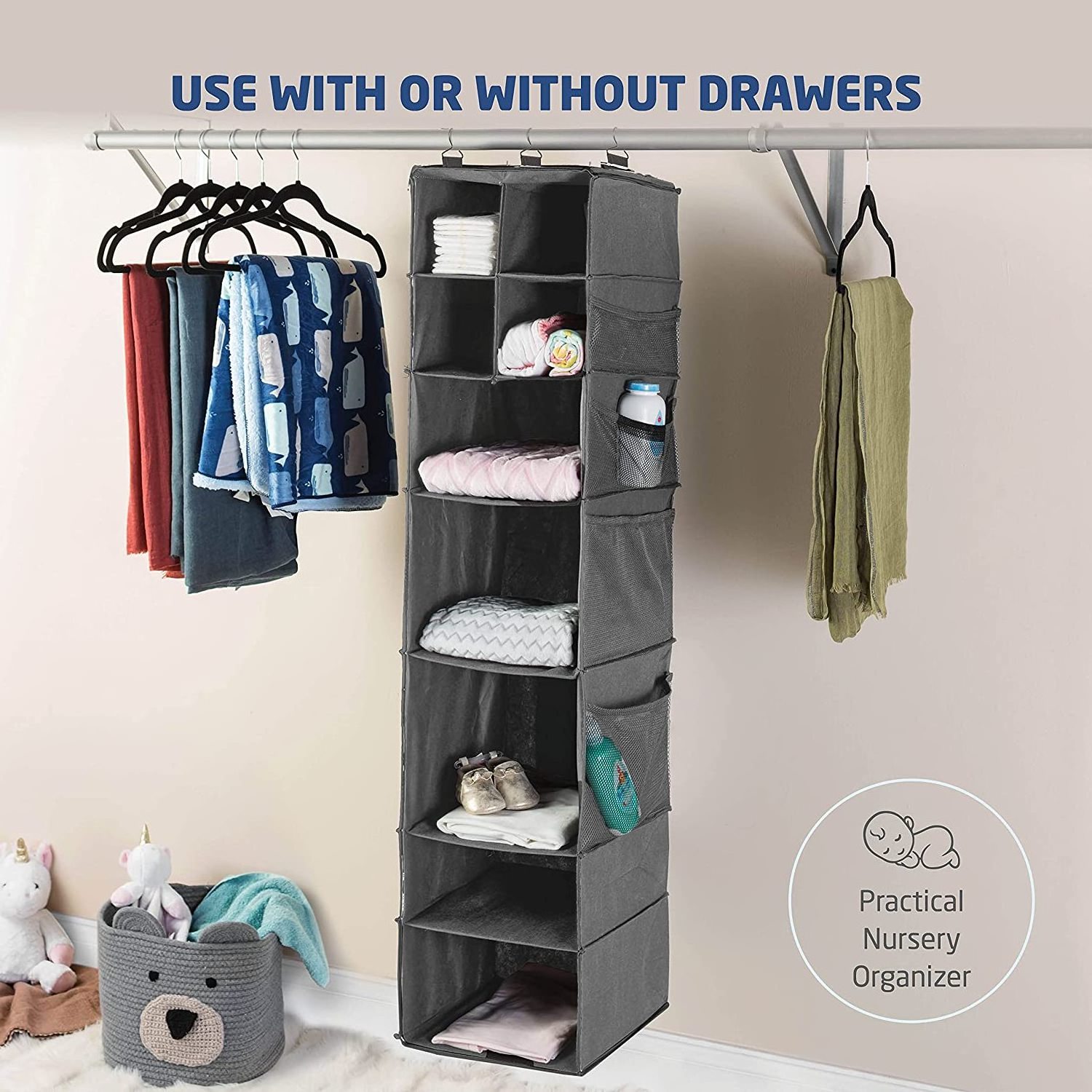 9 Shelf Hanging Closet Organizer with 5 Drawer Organizers Dorm Room Closet with Foldable Cube Hanging Closet With Storage Bins