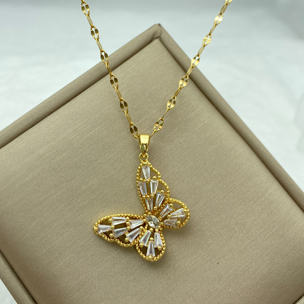 Factory Custom Cheap Good Price Gold Filled Stainless Steel Necklace for Women Butterfly  Pendant With Cubic Zircon