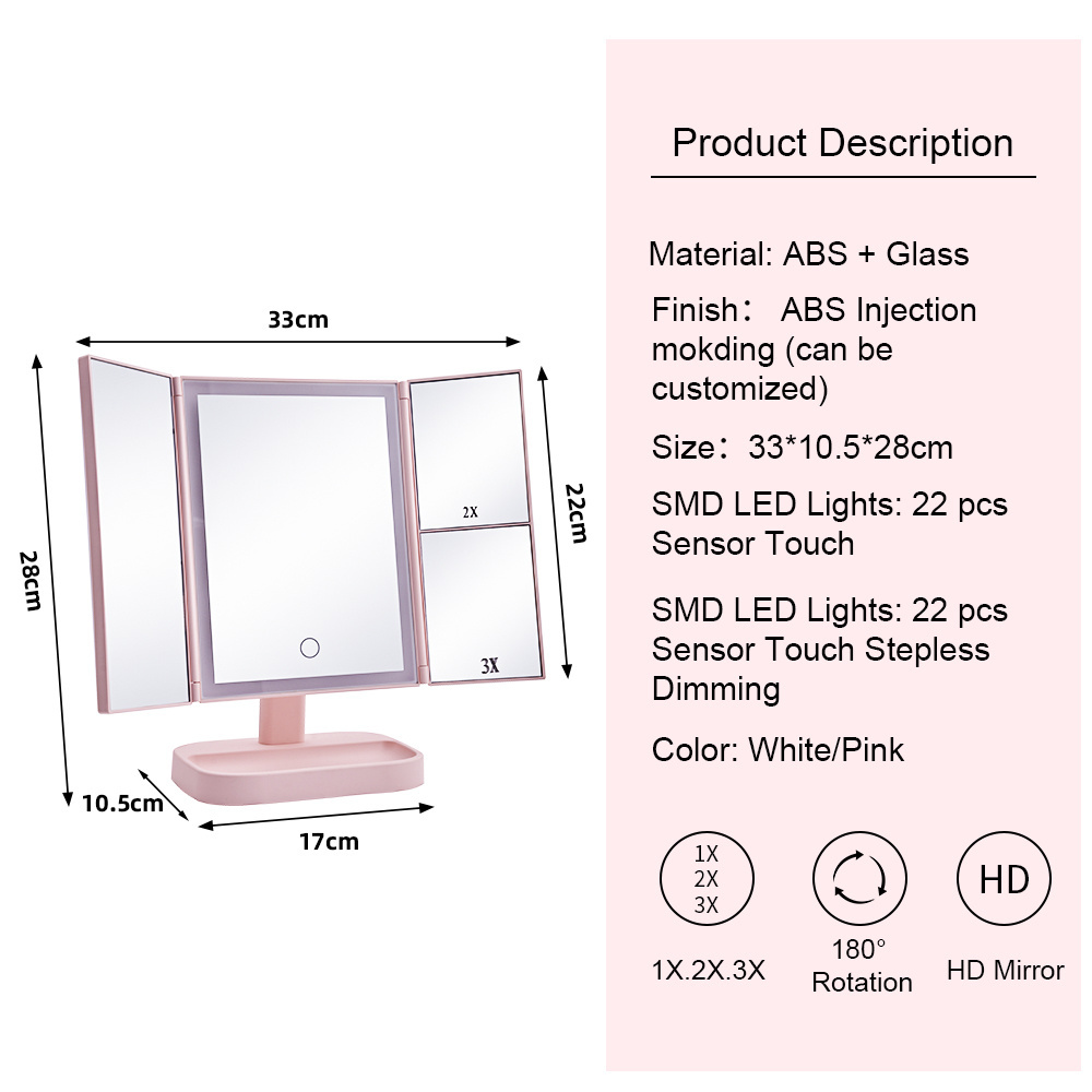 1x 2x 3x Magnifying Trifold Makeup Mirror Three Way Smart Touch Desktop Trifold Makeup Mirror With Light