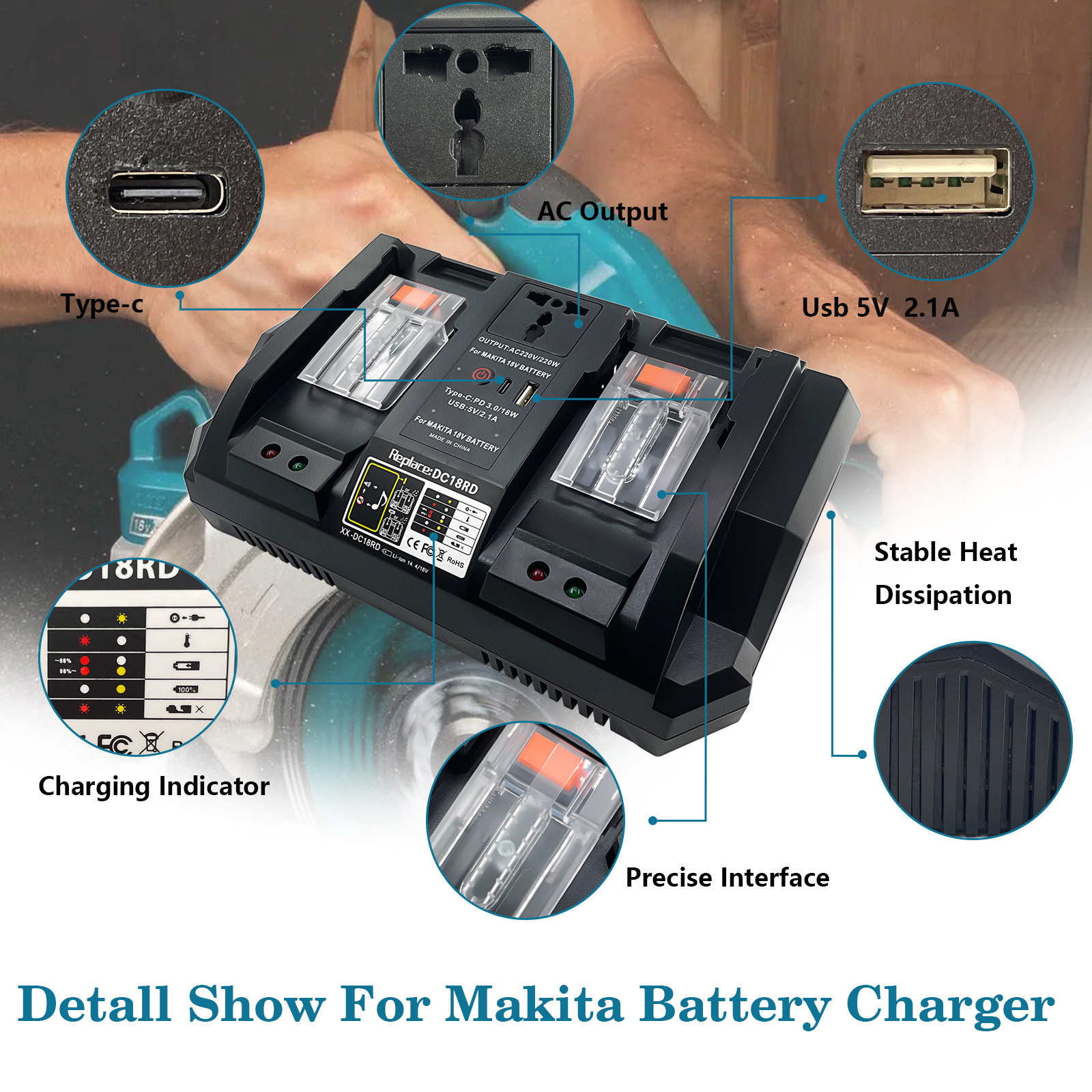 Replace makita DC18RC 3A fast charger, with 220W inverter function, USB and Type-c65W fast charging.