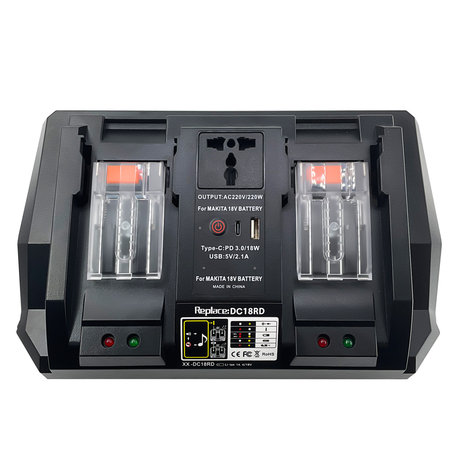 Replace makita DC18RC 3A fast charger, with 220W inverter function, USB and Type-c65W fast charging.