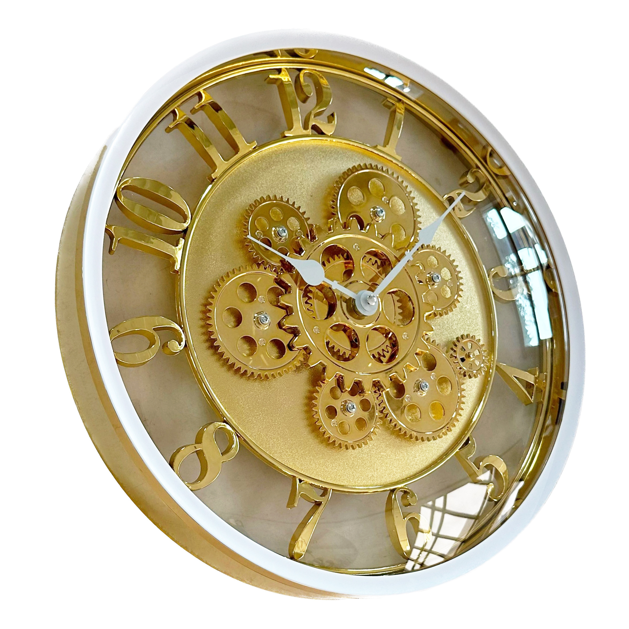 NE-979 plastic clock arc glass plating home creative decoration Rotating gear electroplate clock turn gear clock