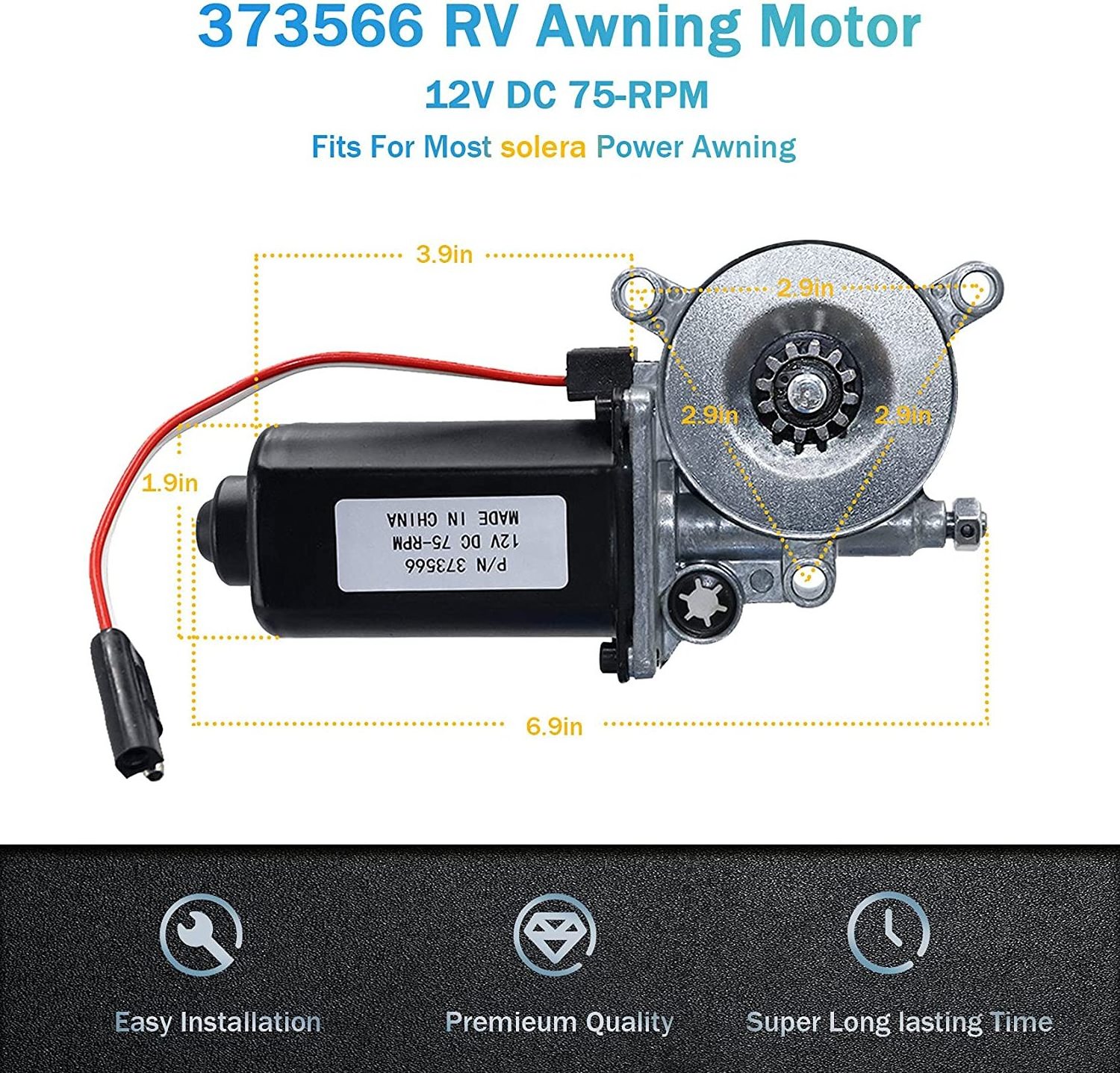 373566 RV Awning Motor Replacement Universal Black Connector Motor Compatible with Solera Power Awnings Motor