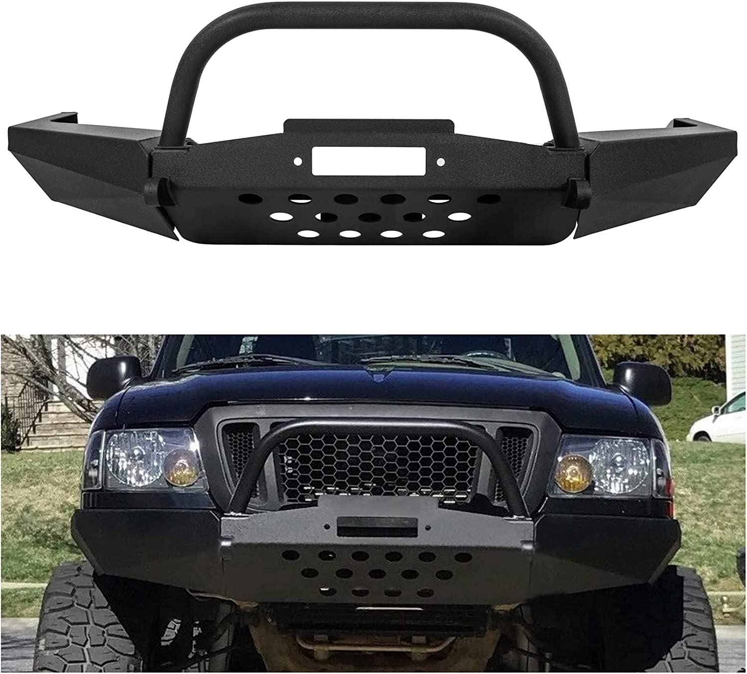 Front Bumper Compatible with 1998-2011  Ranger W/Winch Plate Bull Bar D-Ring Mounts