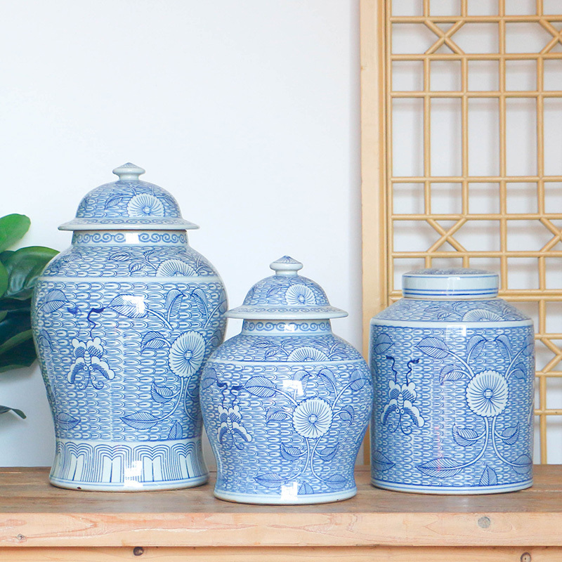 China Wholesale Ceramic Artwork Home Decoration Blue And White Tall Ginger Jar