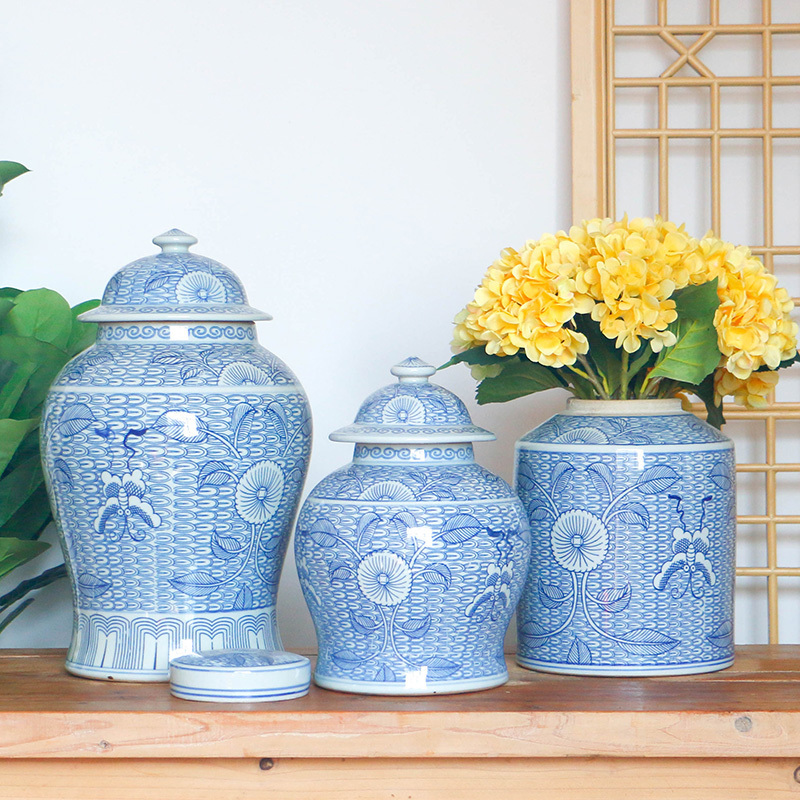 China Wholesale Ceramic Artwork Home Decoration Blue And White Tall Ginger Jar