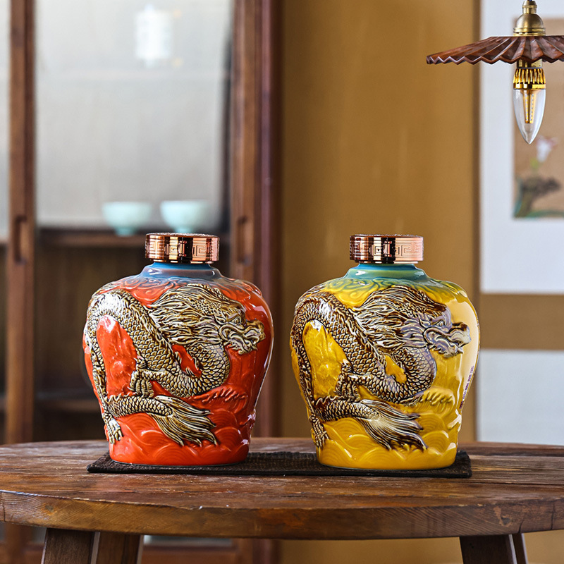 Jingdezhen Hand Made Dragon Art Bottle Ceramic Wine Bottle Relief Porcelain Wine Bottle With Seal Stopper