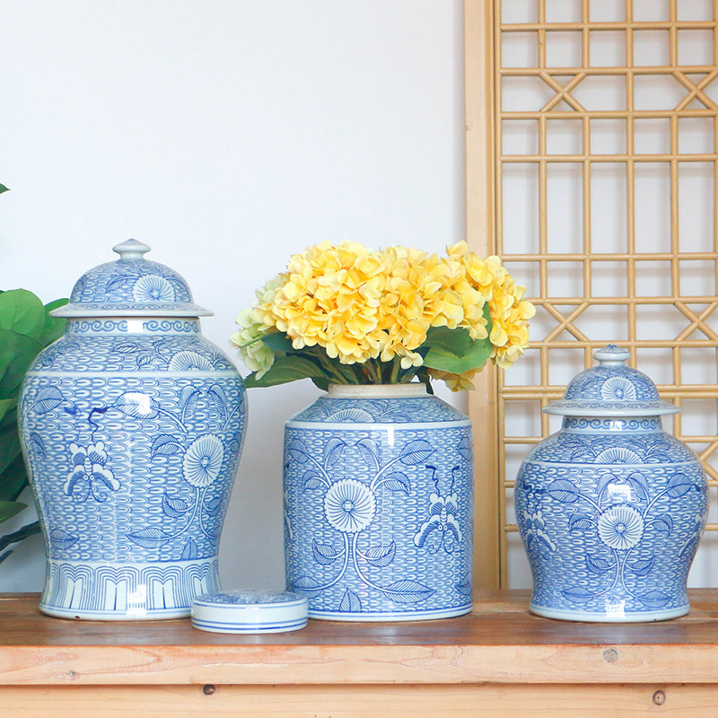 China Wholesale Ceramic Artwork Home Decoration Blue And White Tall Ginger Jar