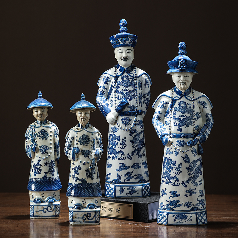 Jingdezhen hand made antique blue and white porcelain figure decoration of three generation emporor of the Qing Dynasty