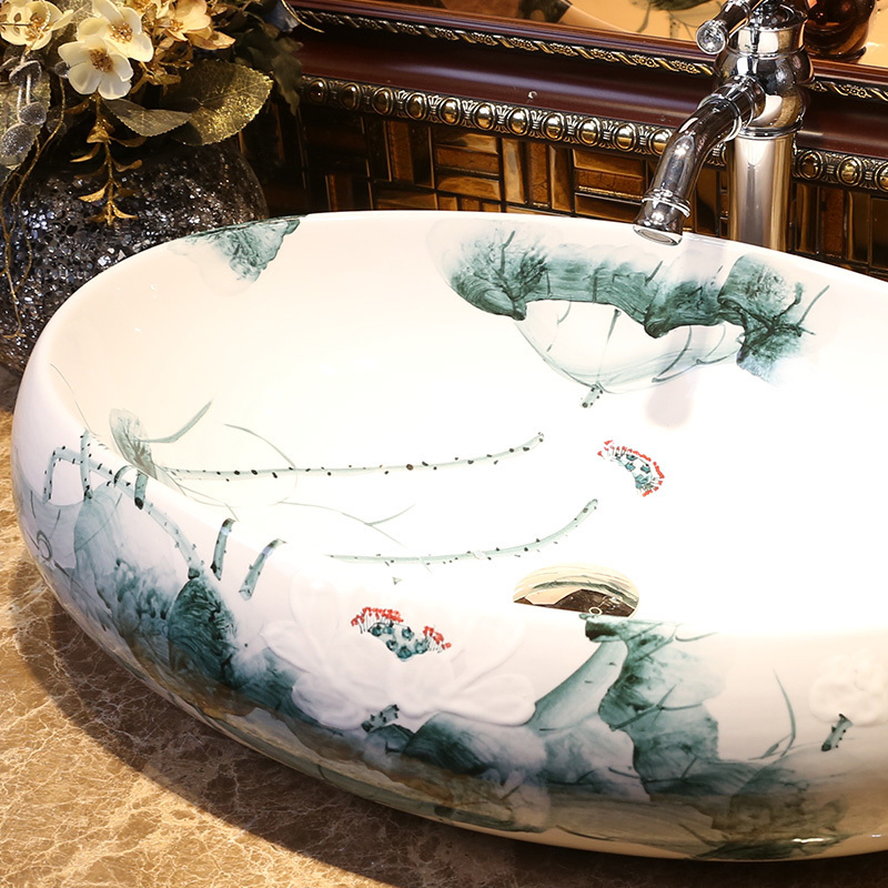 Chinese Glazed Art Counter Top ceramic bathroom sinks porcelain blue and white oval lotus pattern ceramic wash basin