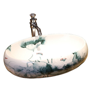 Chinese Glazed Art Counter Top ceramic bathroom sinks porcelain blue and white oval lotus pattern ceramic wash basin