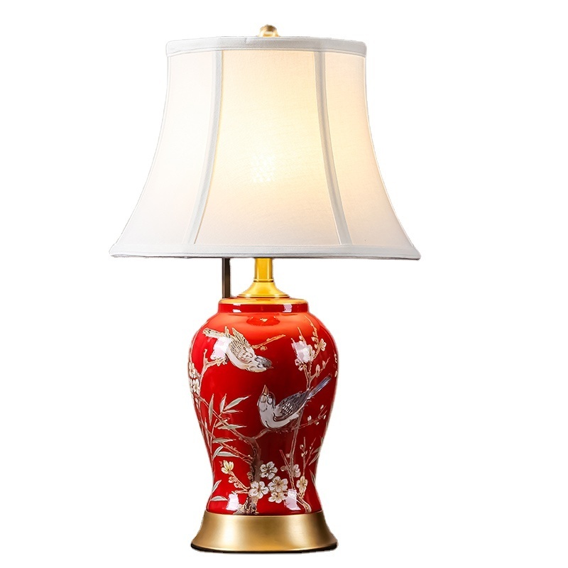 Table Lamps Wedding Decoration Ceramic Table Lamp Wholesale Porcelain with Copper Base Hand Painting Flower Bird Design Red LED