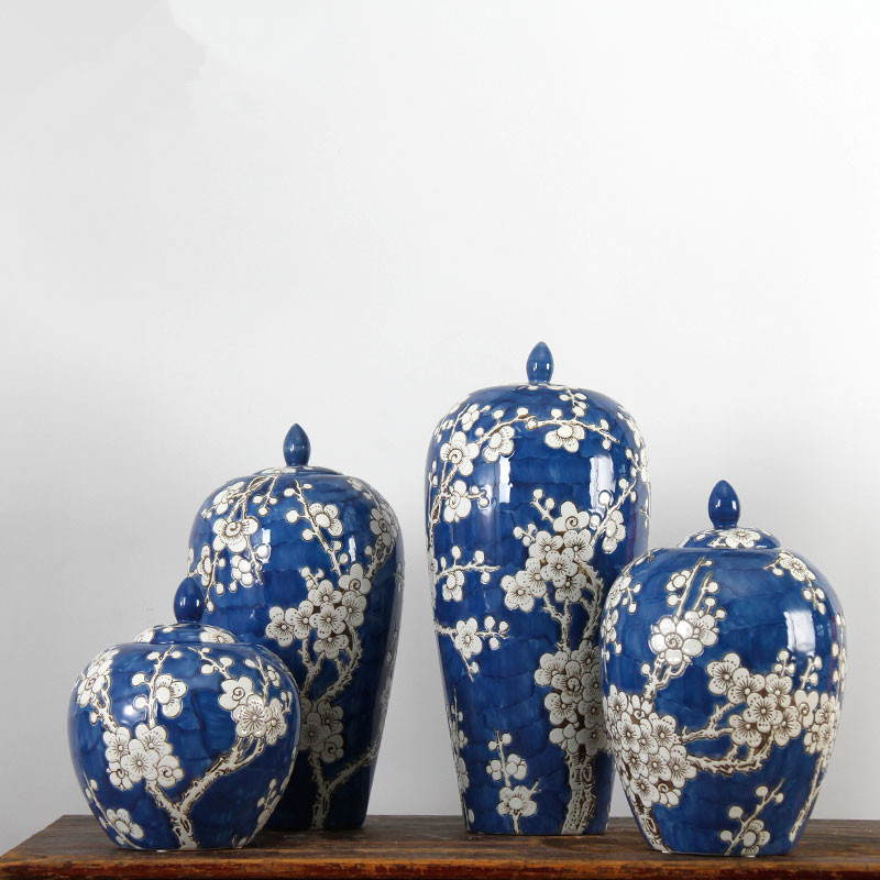 Factory Retro blue plum blossom painting  wax gourd decorated cans porcelain ceramic temple Ginger jars