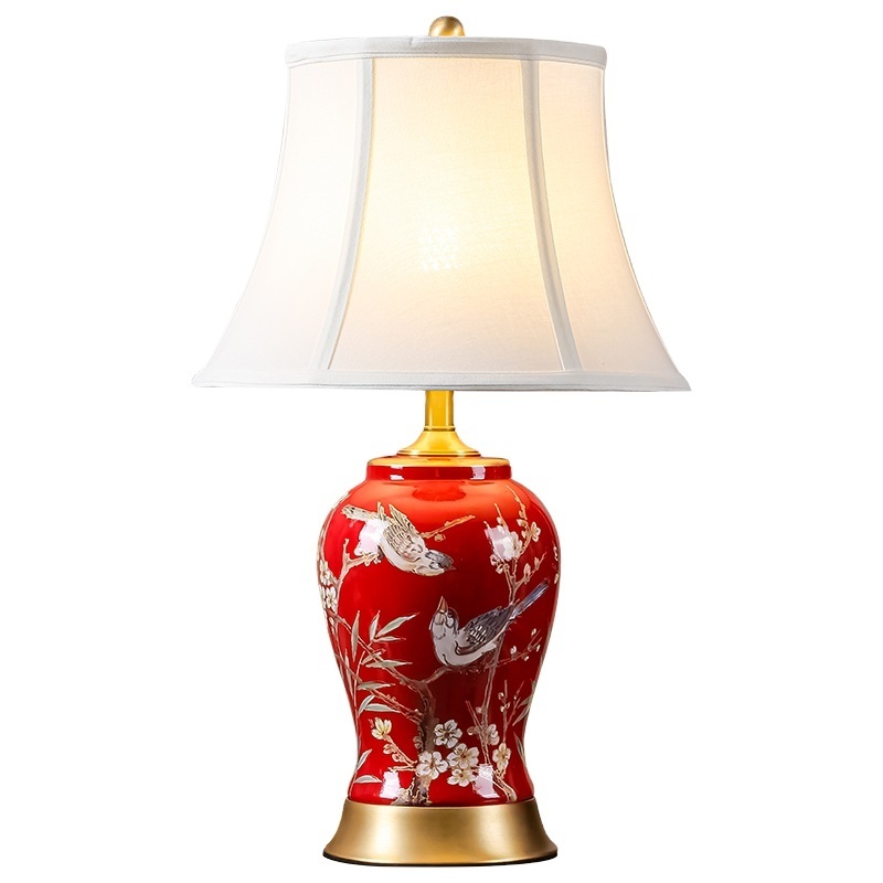 Table Lamps Wedding Decoration Ceramic Table Lamp Wholesale Porcelain with Copper Base Hand Painting Flower Bird Design Red LED