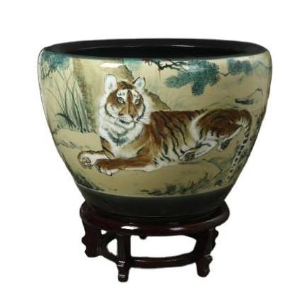 Quality Cheap Price Jingdezhen hand made tiger pattern vintage ceramic planter yellow large ceramic fish bowl pot