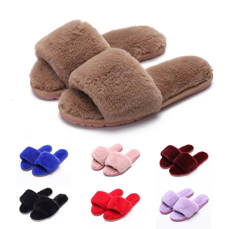 Custom Women's Slipper Slides Open Toe Flip Flop Luxury Women Fur Slides Fuzzy Fur Cozy Indoor Slippers