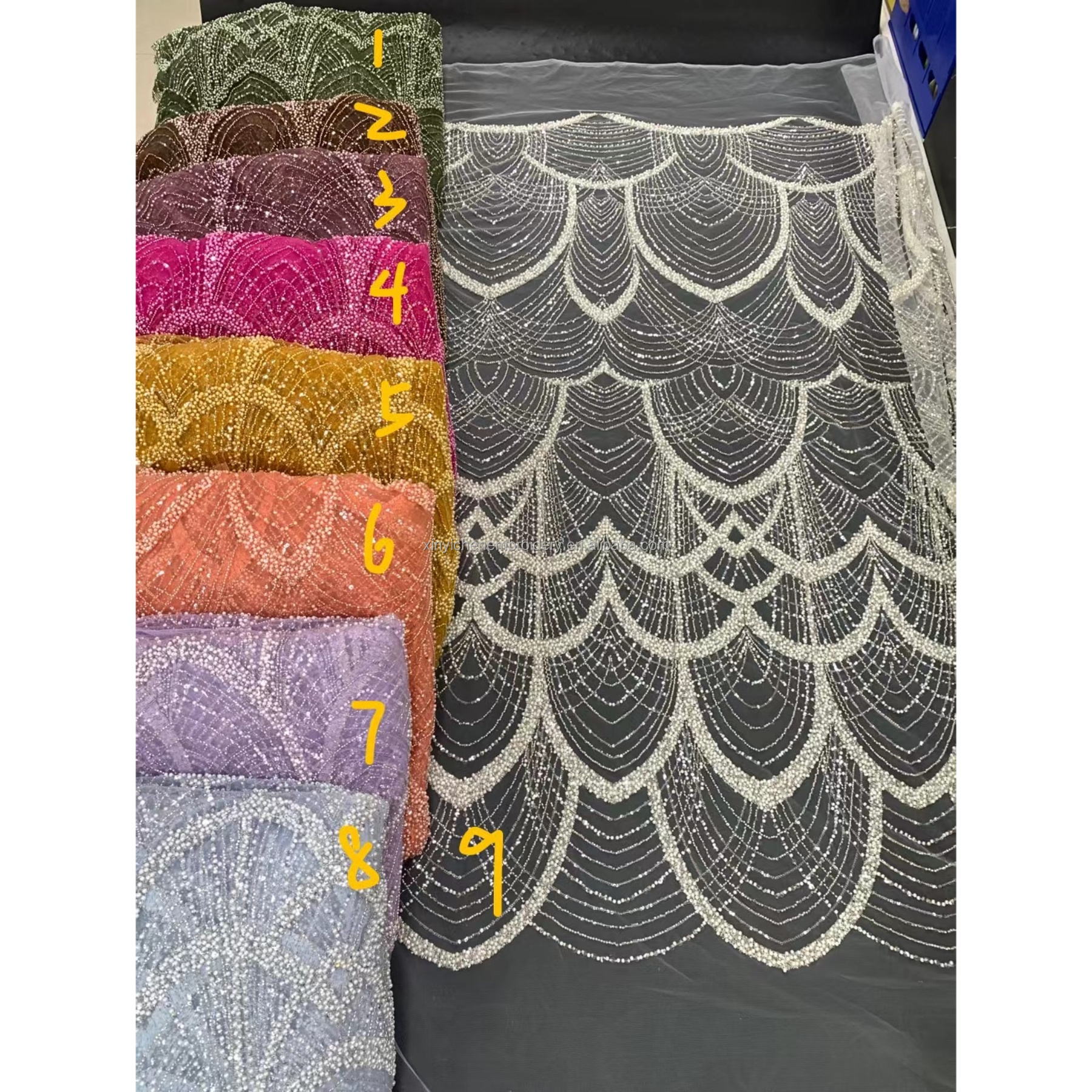 bridal heavy lace embroidery fabrics wedding dress low price crystal beaded lace fabric for party dress